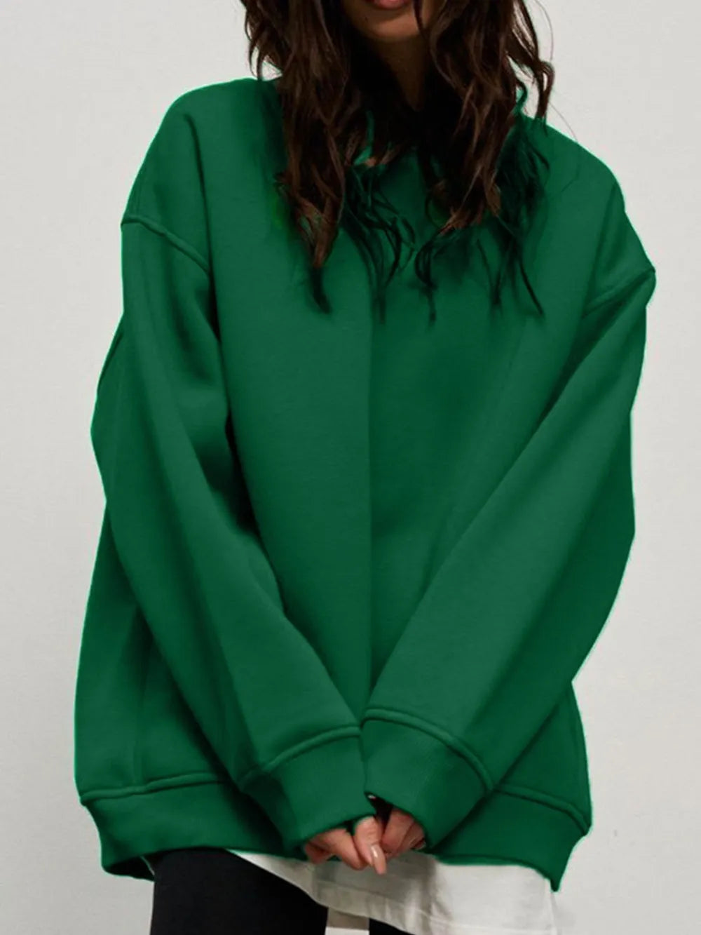 Round Neck Dropped Shoulder Long Sleeve Sweatshirt - Dark Green