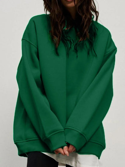 Round Neck Dropped Shoulder Long Sleeve Sweatshirt - Dark Green