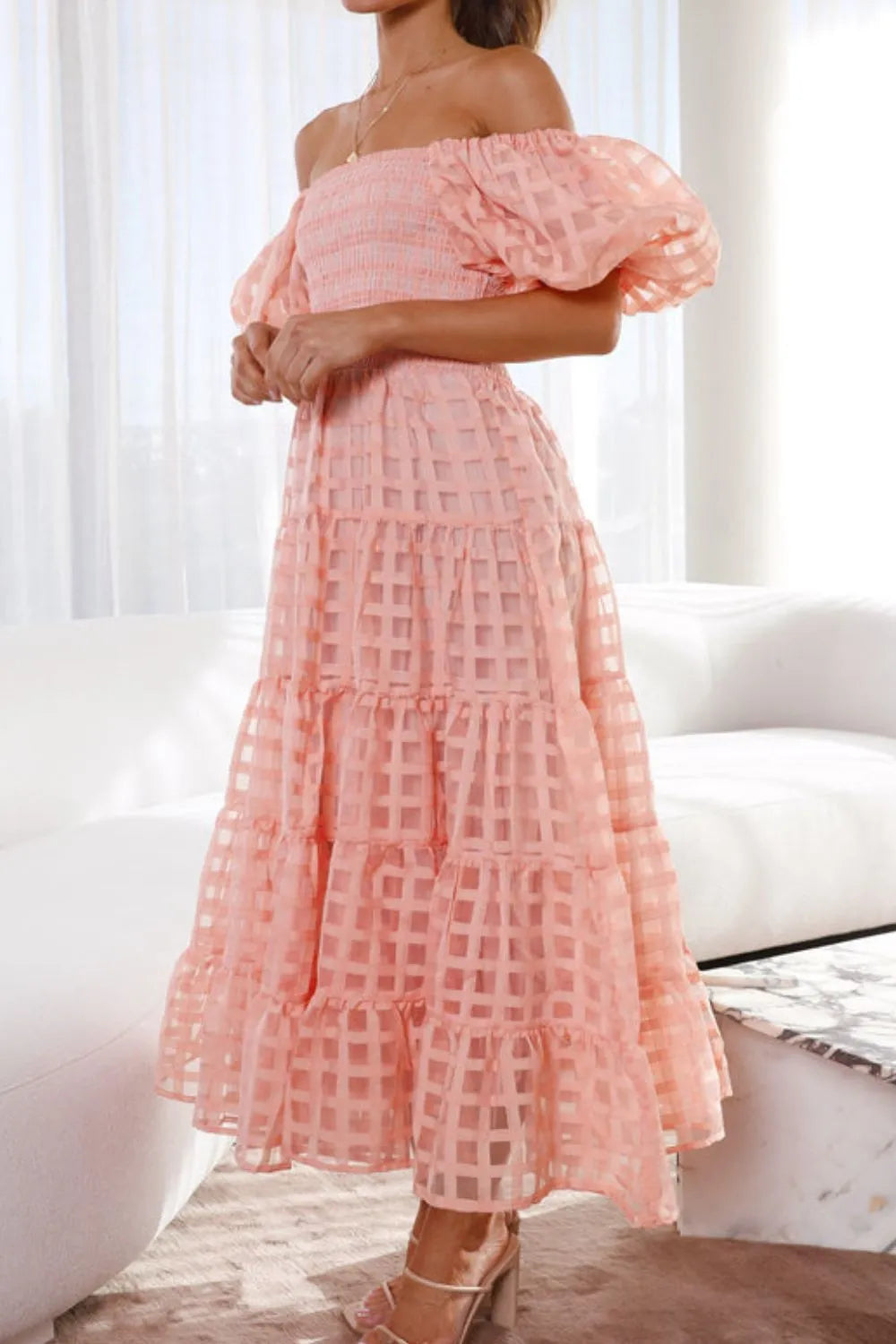 Off Shoulder Short Puff Sleeve Midi Dress -