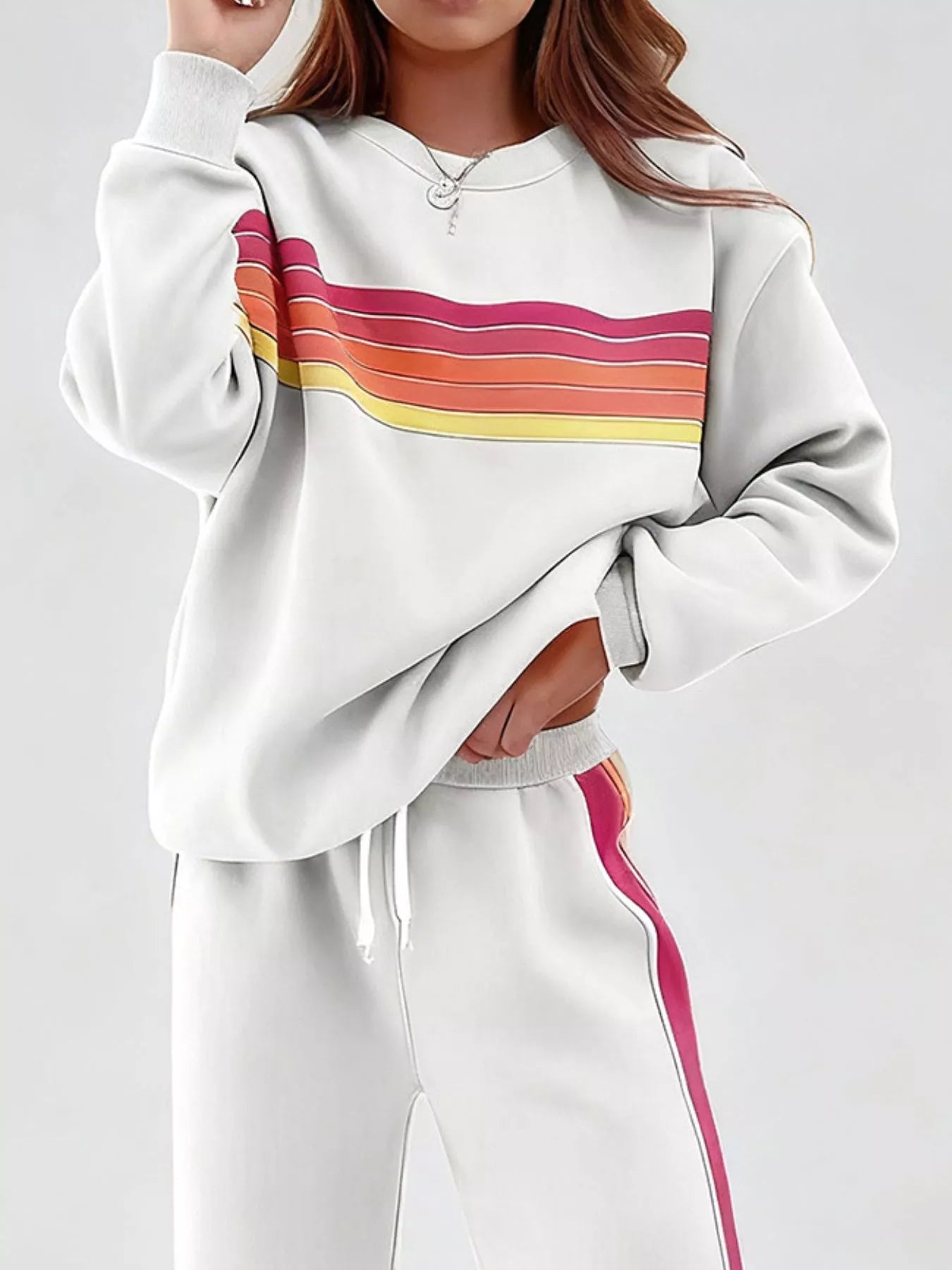 Striped Round Neck Sweatshirt and Pants Set -