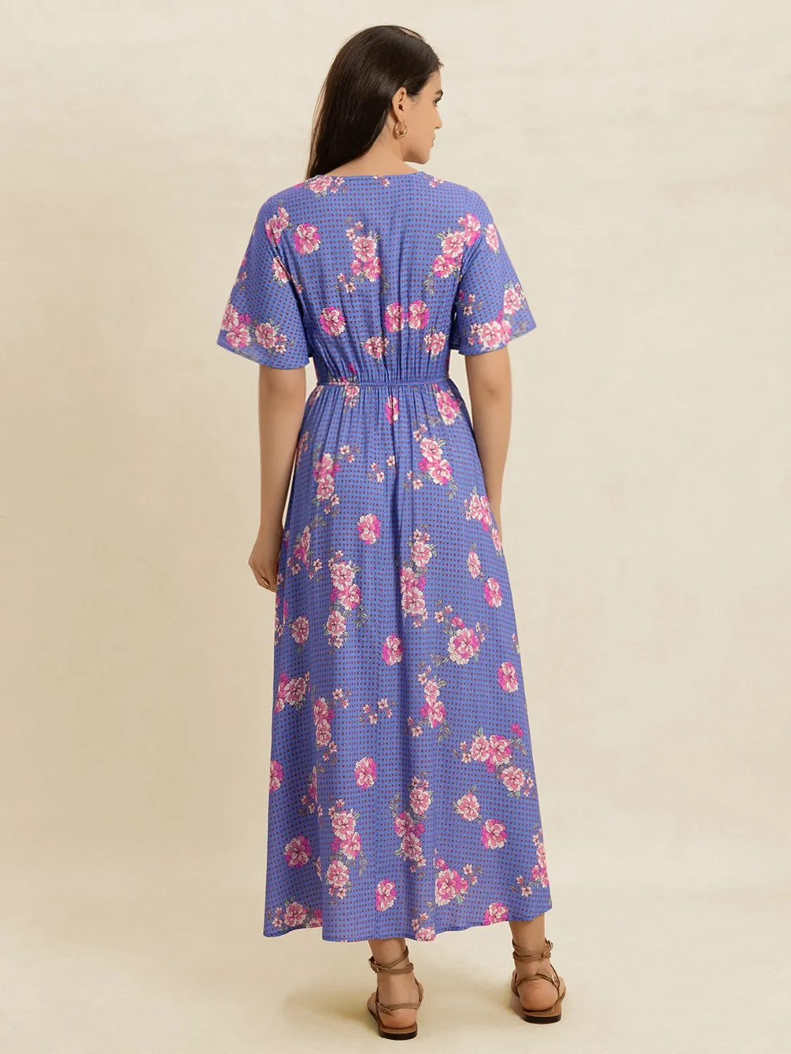 Printed Short Sleeve Midi Dress -