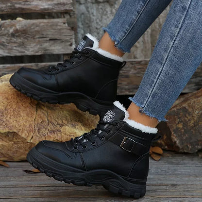 Warm Lined Ankle Boots with Buckle Detail - Black