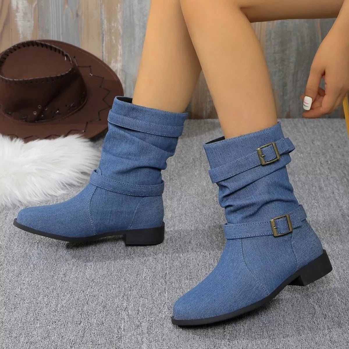 Buckle Accent Block Heel Boots -