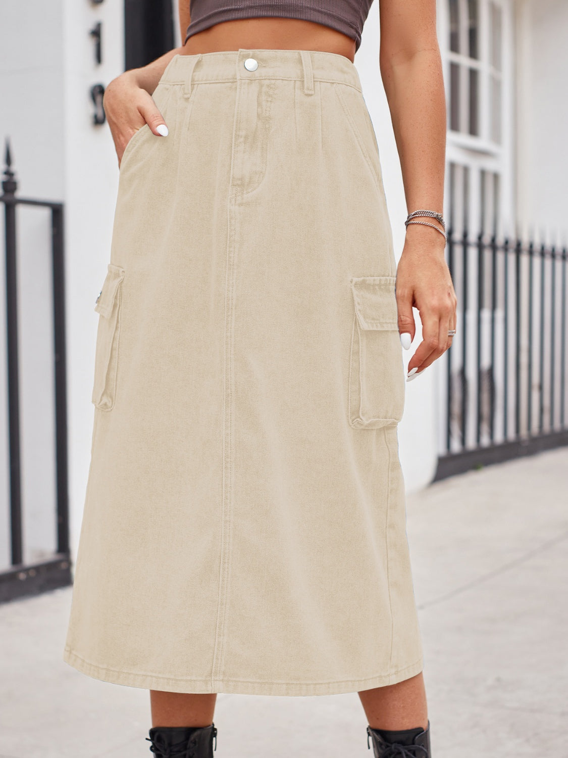 Slit Buttoned Denim Skirt with Pockets - Tan