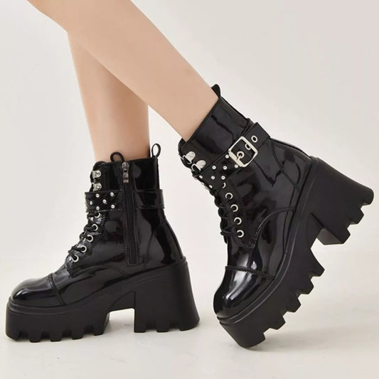 Studded Detail Platform Ankle Boots - Black