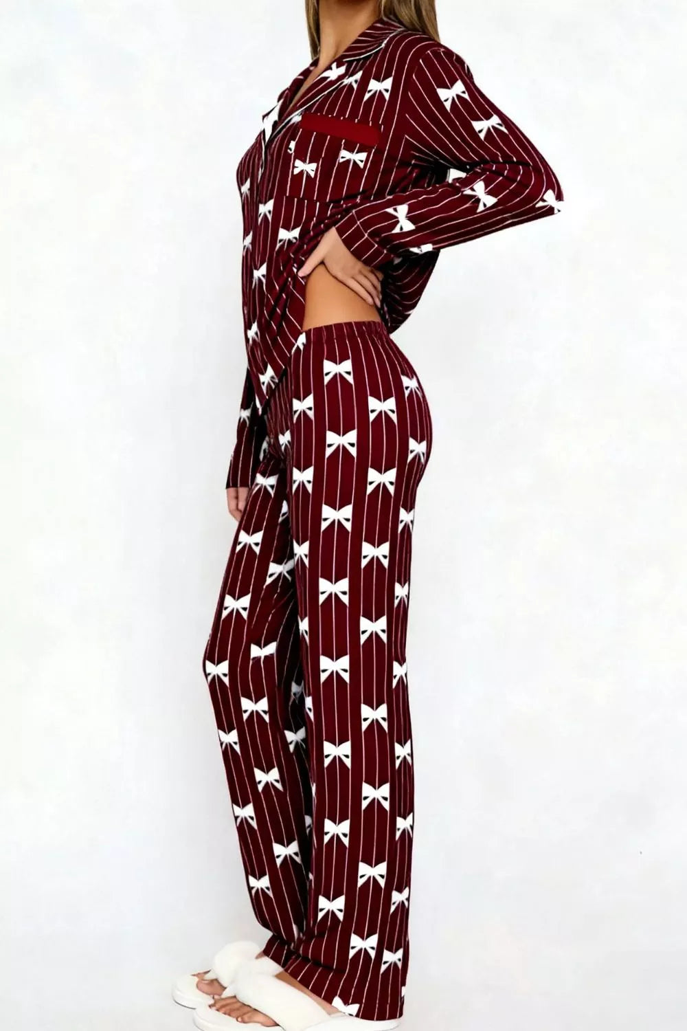 Bow Print Top and Wide Leg Pants Lounge Set -