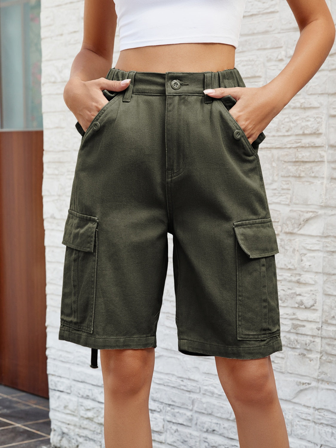 High Waist Denim Shorts with Pockets - Army Green