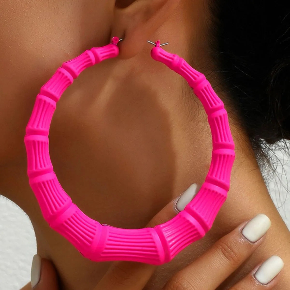Stainless Steel Textured Hoop Earrings - Hot Pink One Size