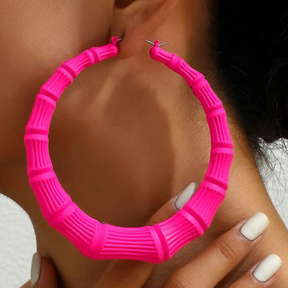 Stainless Steel Textured Hoop Earrings - Hot Pink One Size