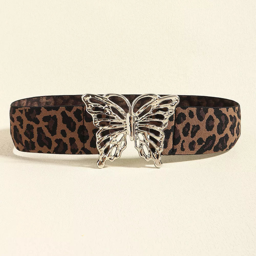 Butterfly Alloy Buckle Elastic Belt - Leopard One Size