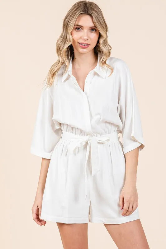Tie Waist Half Sleeve Romper -