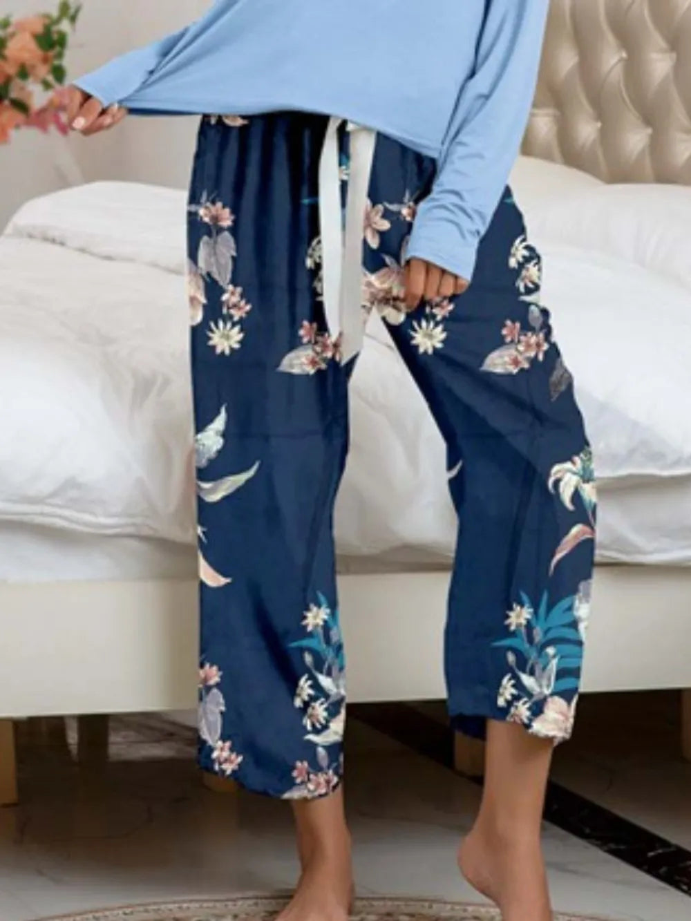 Round Neck Top and Printed Pants Lounge Set -
