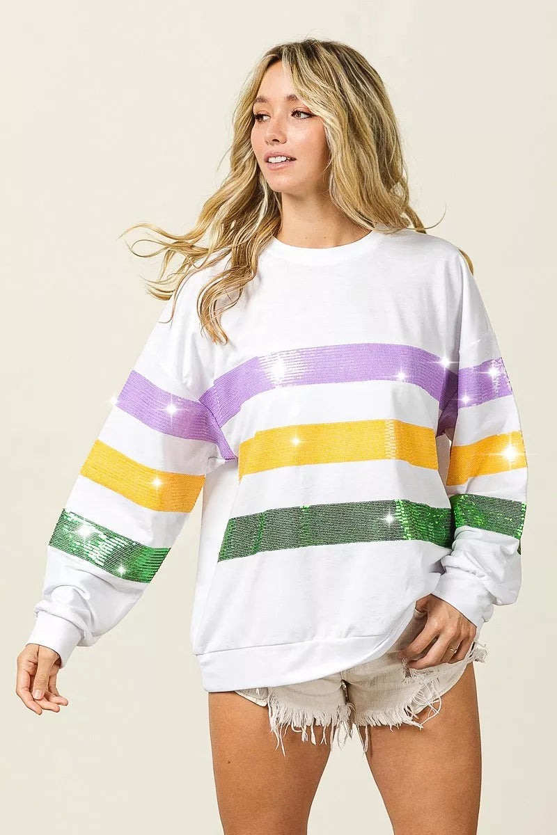 Sequin Mardi Gras Striped Round Neck Sweatshirt -