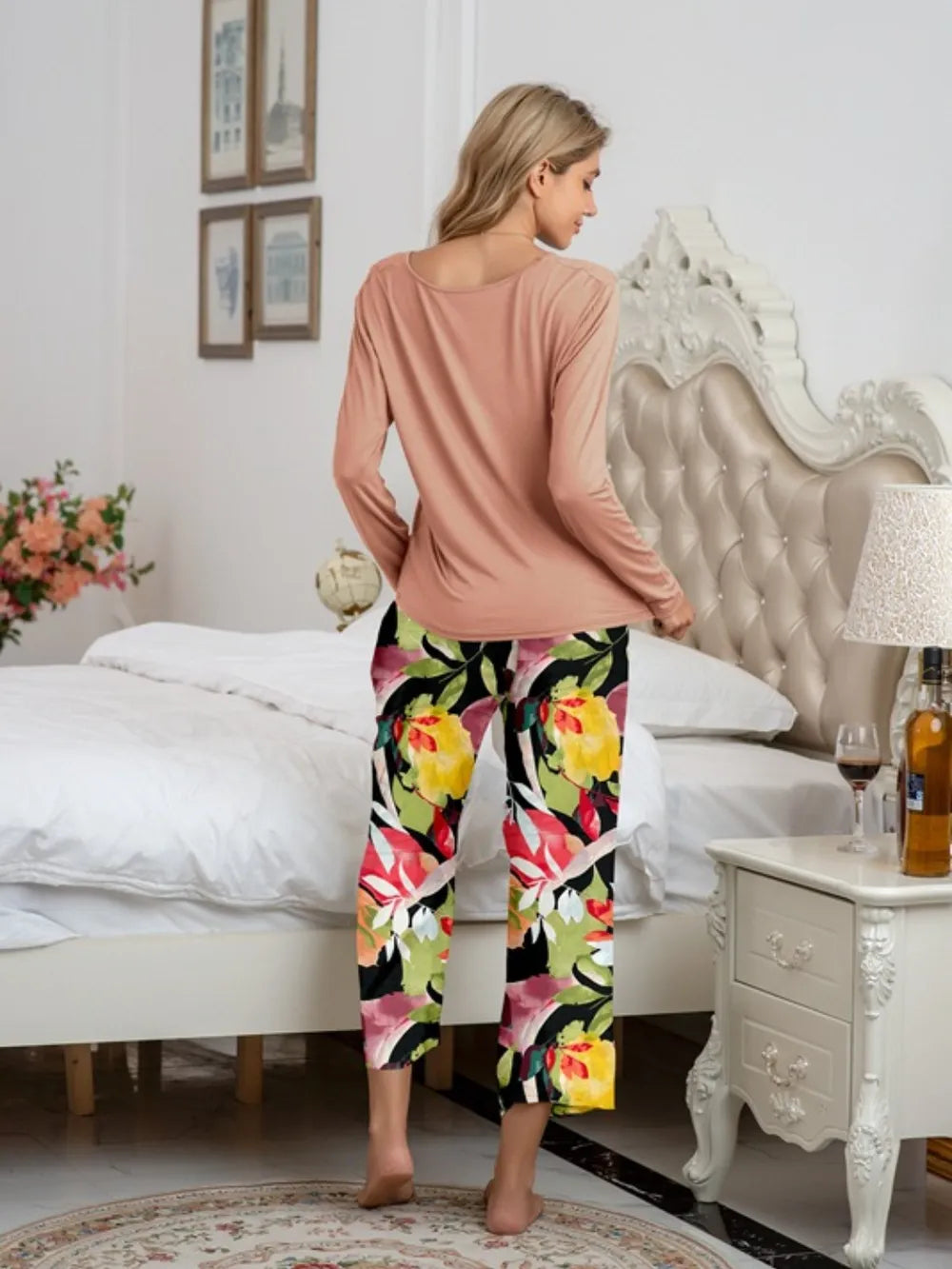 Round Neck Top and Printed Pants Lounge Set -