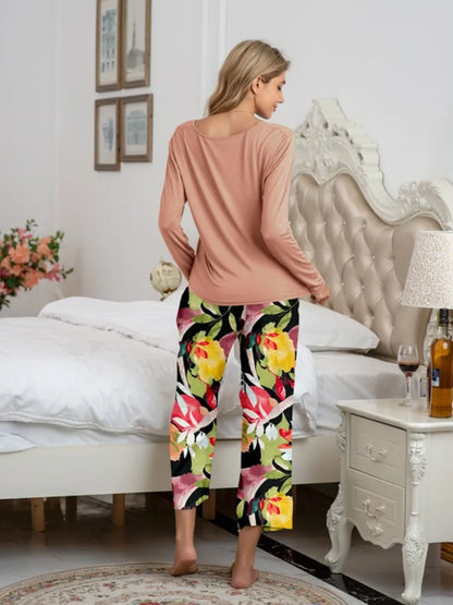 Round Neck Top and Printed Pants Lounge Set -