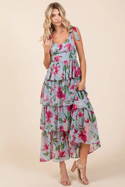 Layered Floral Sweetheart Neck Maxi Dress -