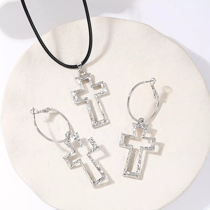 Cross Pendant Necklace and Hoop Earrings Jewelry Set -