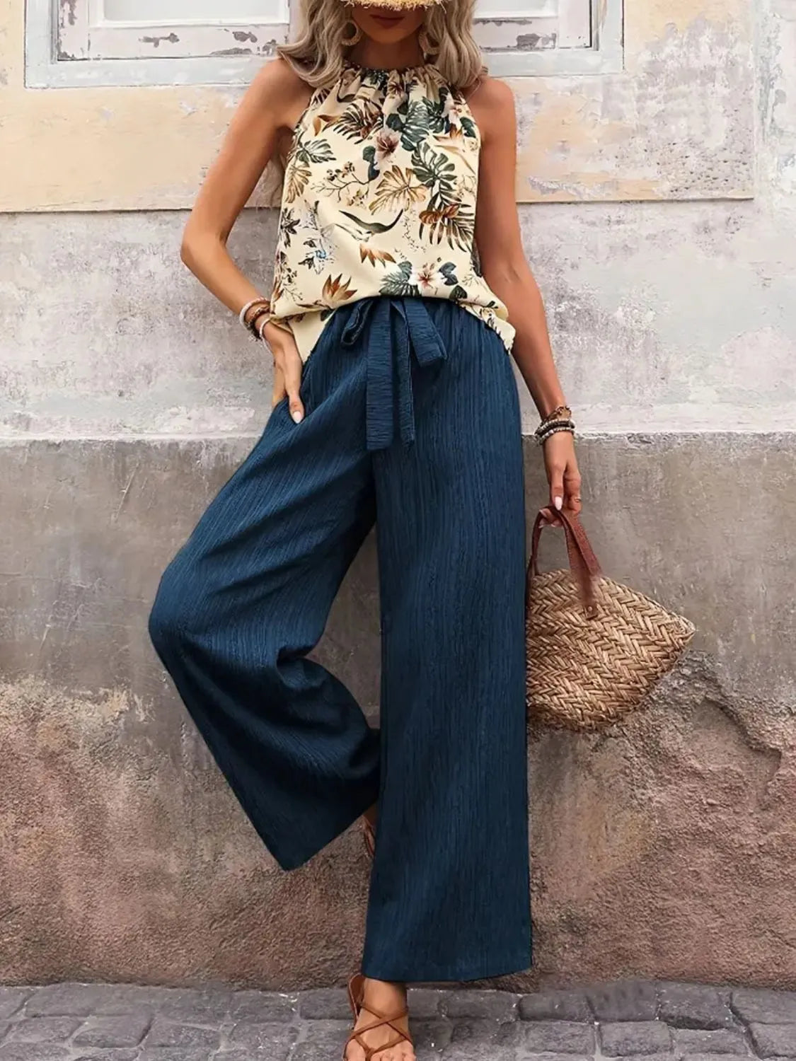Printed Tank Top and Wide Leg Pants Set -