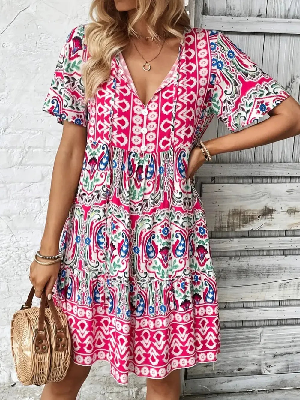 Printed Tie Neck Short Sleeve Dress - Pink