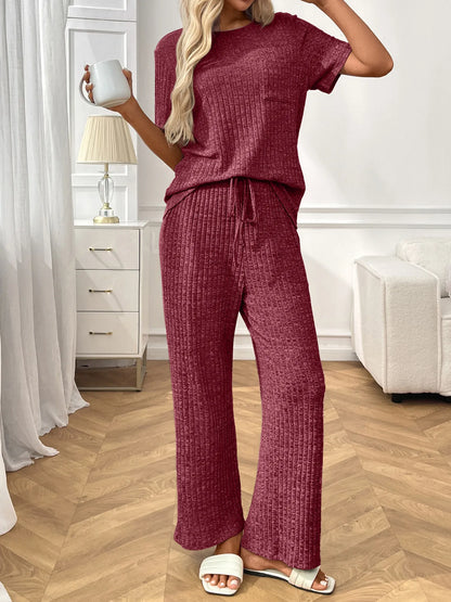 Ribbed Knit Short Sleeve Top and Pants Lounge Set -