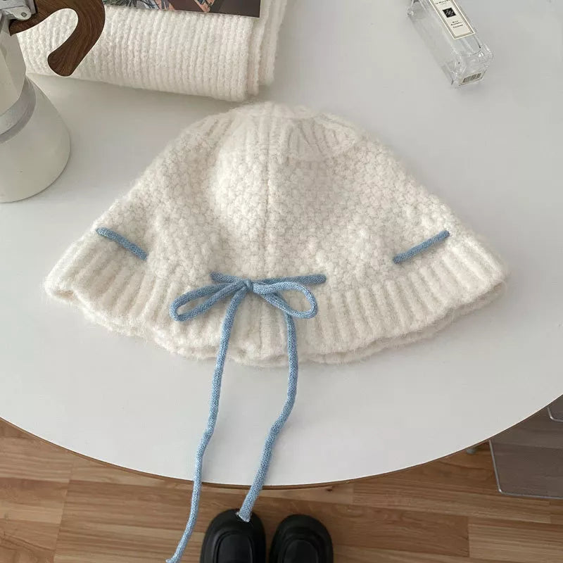 Drawstring Knitted Hat - White One Size