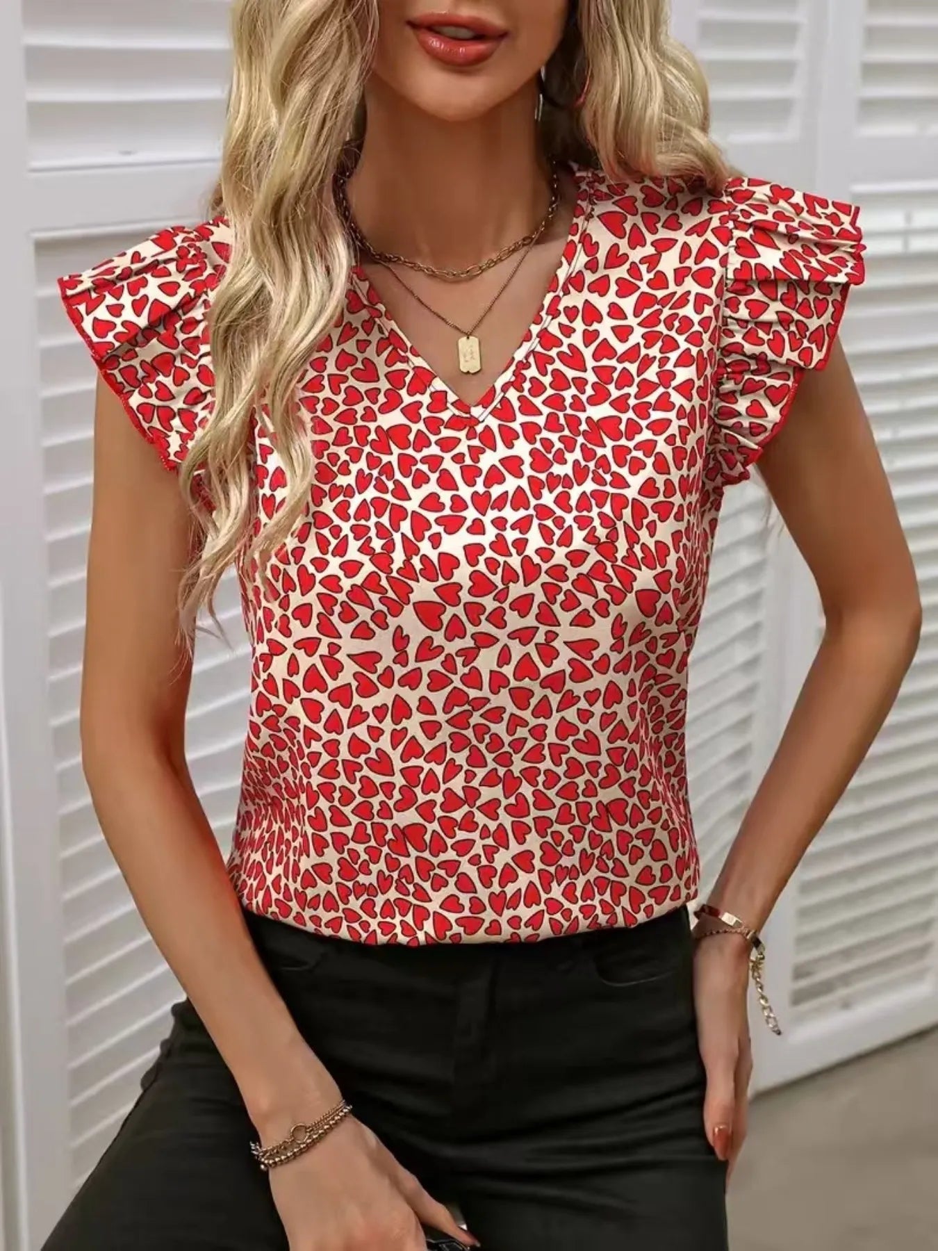 Floral Print Ruffle Sleeve V-Neck Blouse - Apricot
