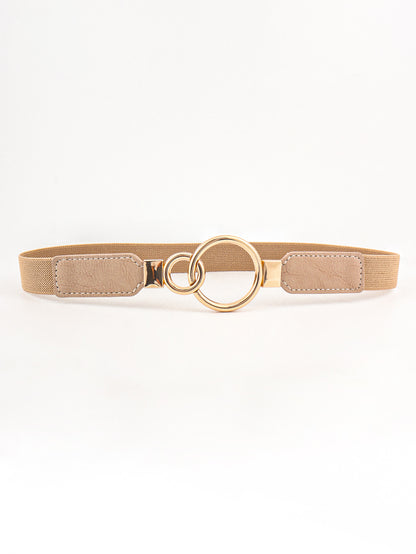 Double Ring Buckle Elastic PU Belt - Tan One Size