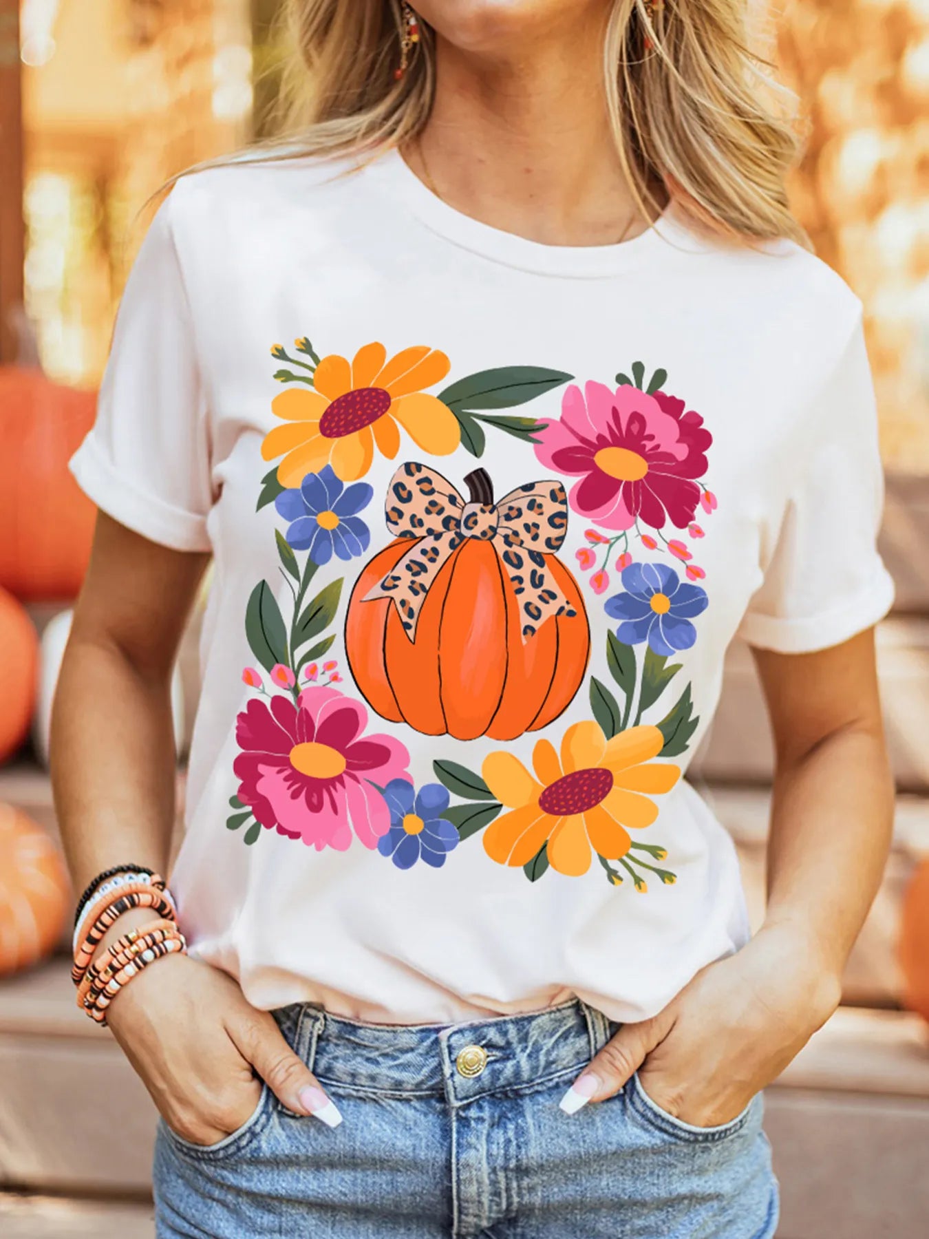 Pumpkin Floral Graphic Round Neck T-Shirt -