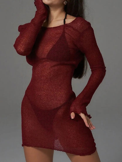 Sheer Backless Long Sleeve Mini Cover-Up Dress -