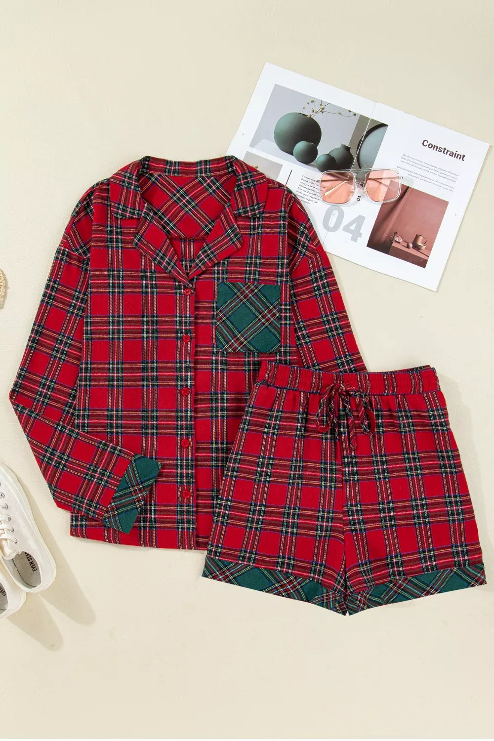 Plaid Patched Long Sleeve Shirt and Shorts Pajama Set -