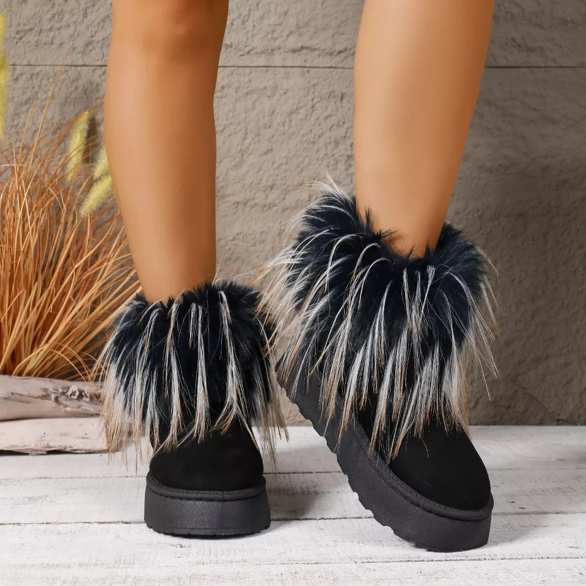 Fuzzy Trim Platform Ankle Boots -
