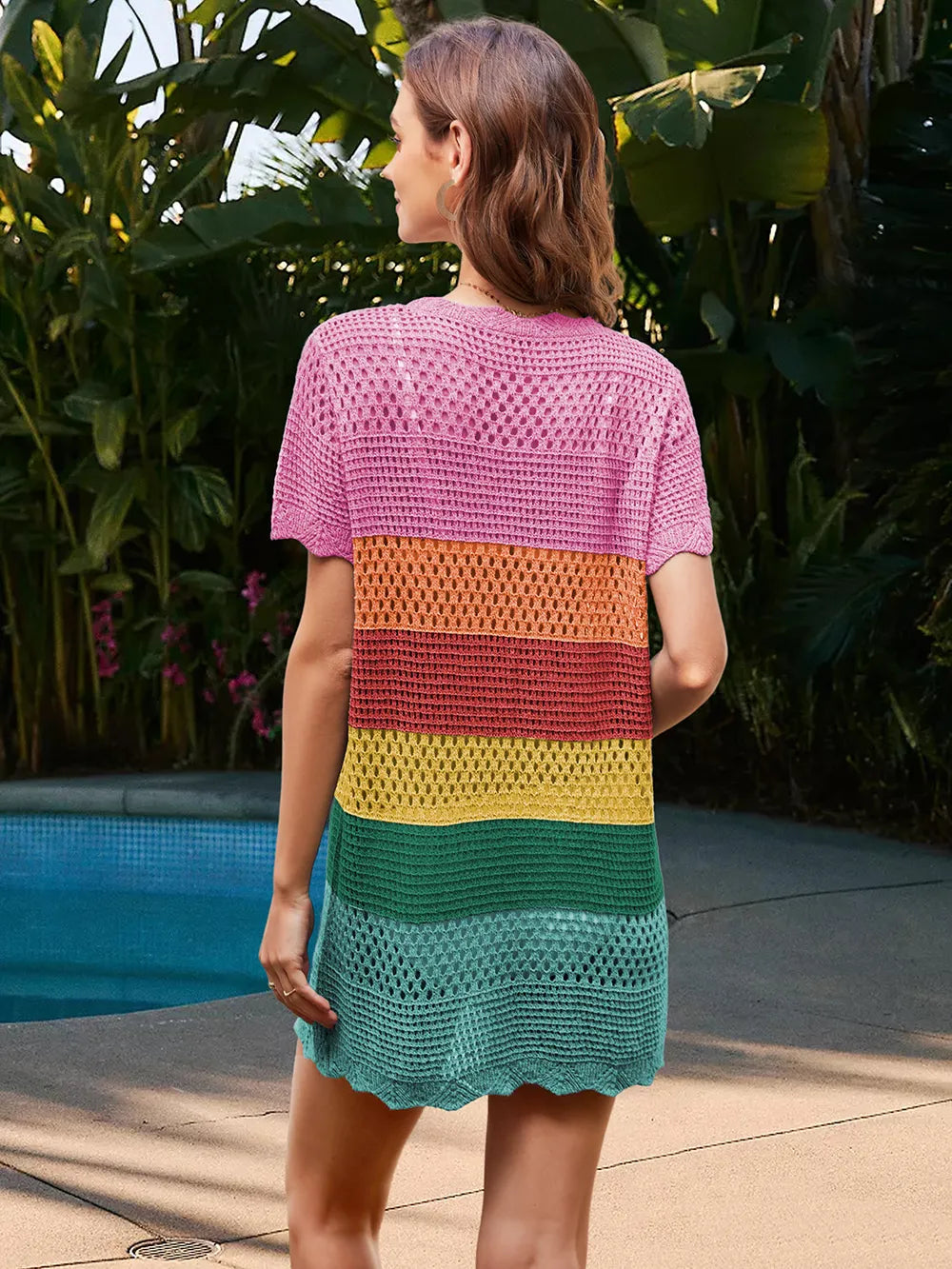 Openwork Round Neck Short Sleeve Cover-Up - Rainbow