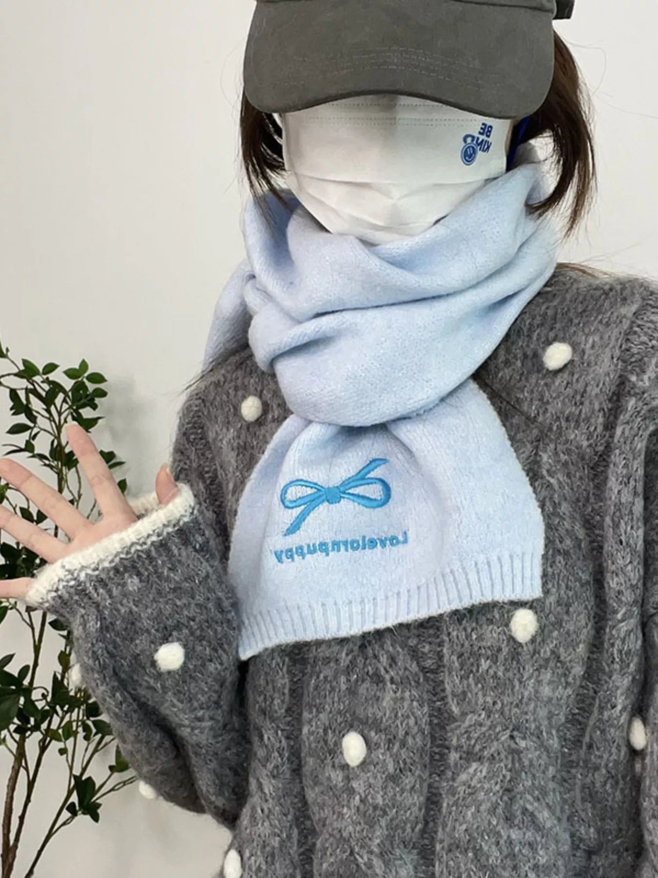 Embroidered Bowknot Scarf - Blue One Size