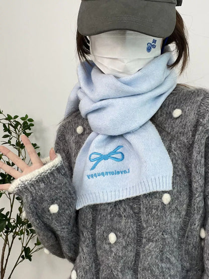 Embroidered Bowknot Scarf - Blue One Size