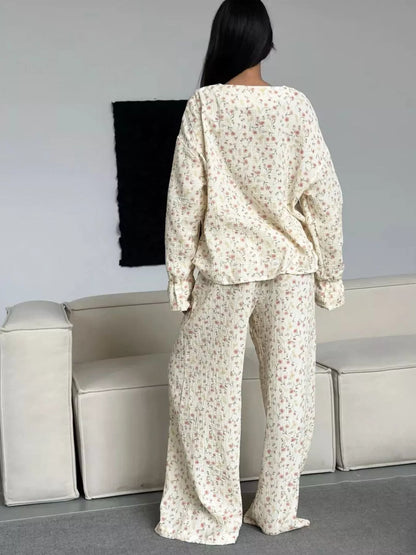 Floral Print Button-Down Top and Pants Lounge Set -