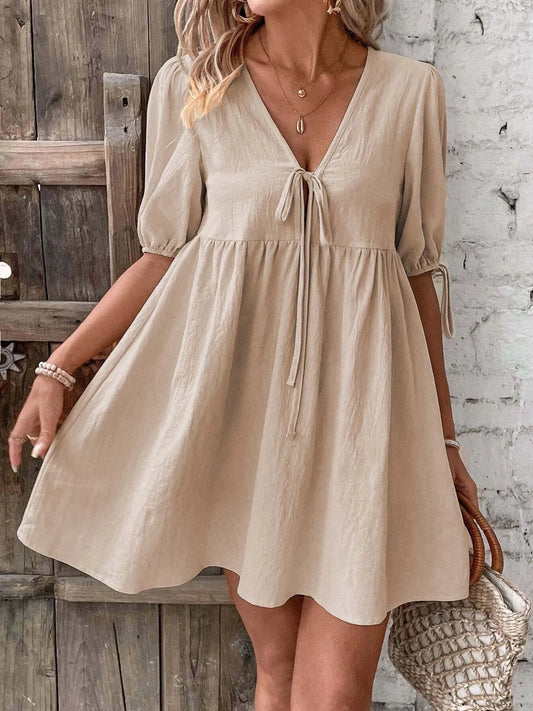 V-Neck Puff Sleeves Mini Dress - Khaki