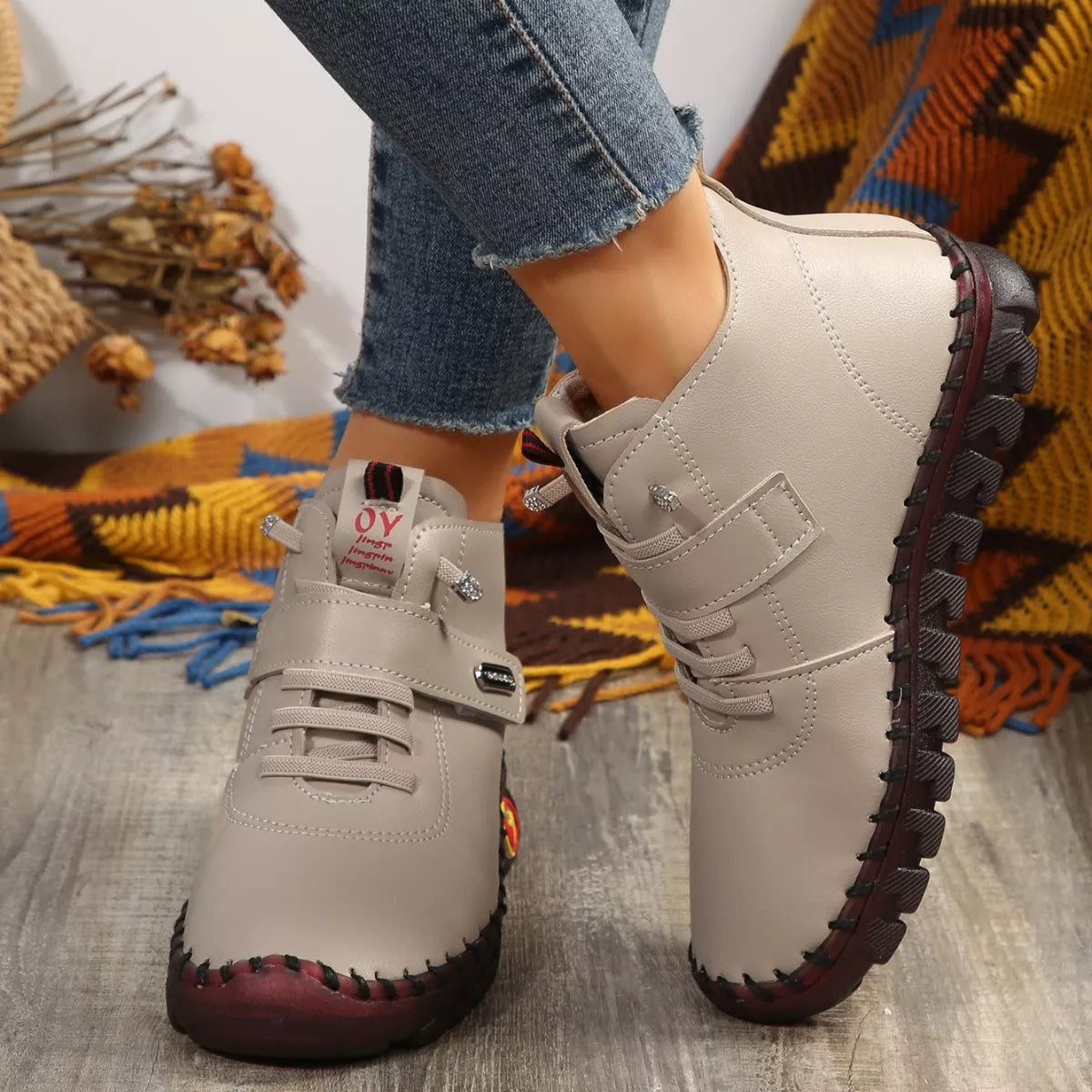 Lace Up Platform Ankle Boots - Khaki