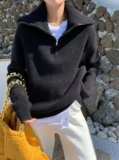 Half-Zip Long Sleeve Sweater - Black