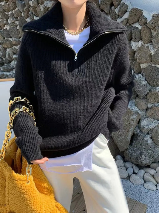 Half-Zip Long Sleeve Sweater - Black