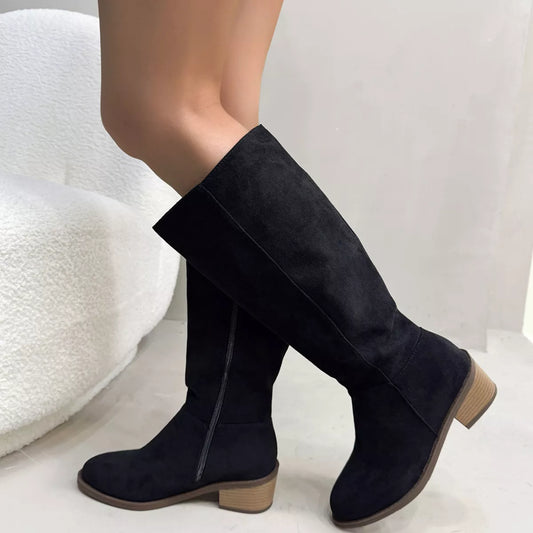 Side Zipper Closure Suede Knee-High Boots - Black