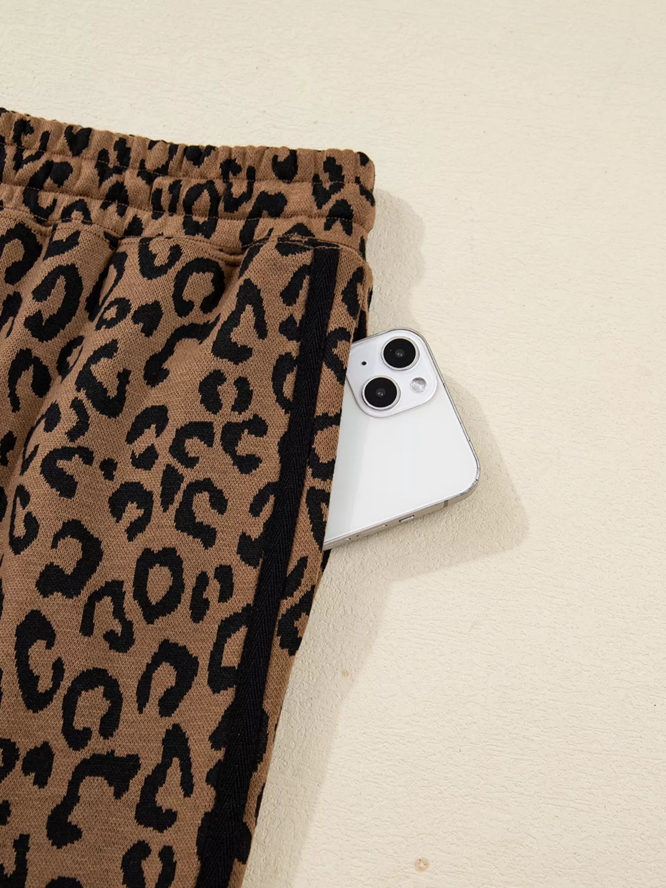 Striped Trim Leopard Long Sleeve Top Drawstring Pant Set -