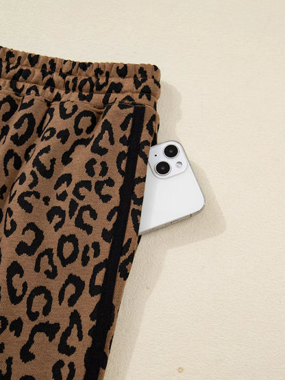 Striped Trim Leopard Long Sleeve Top Drawstring Pant Set -