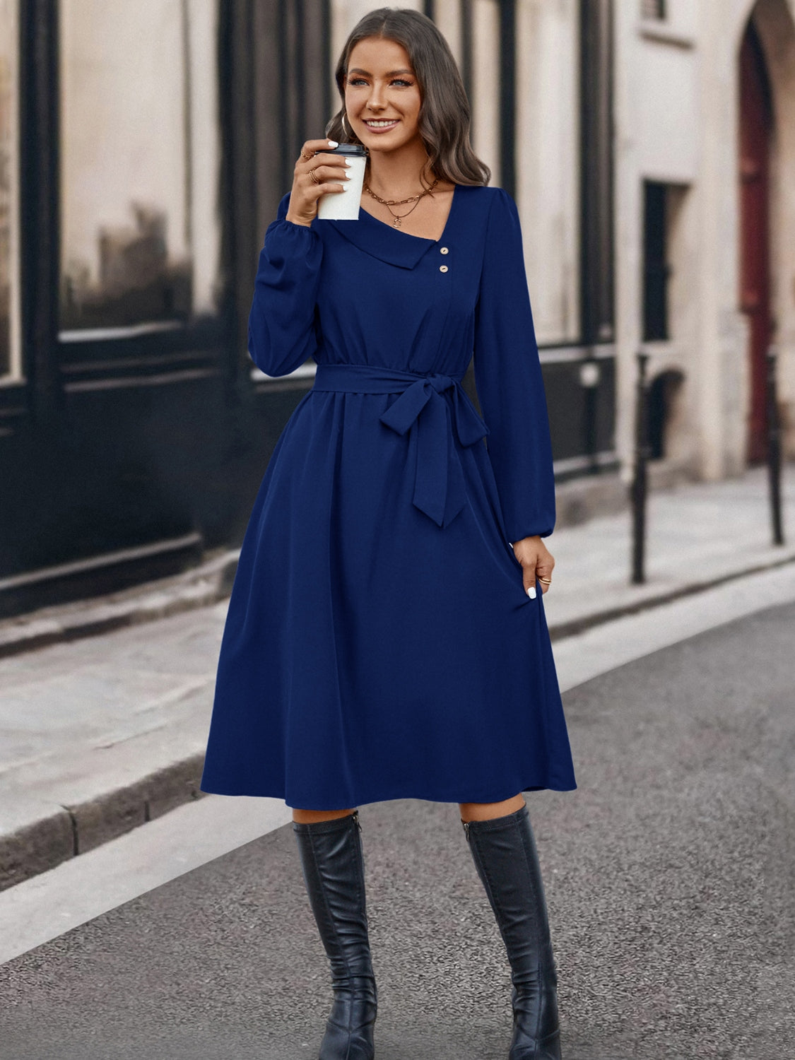 Buttoned Tie Front Asymmetrical Neck Dress - Navy Blue