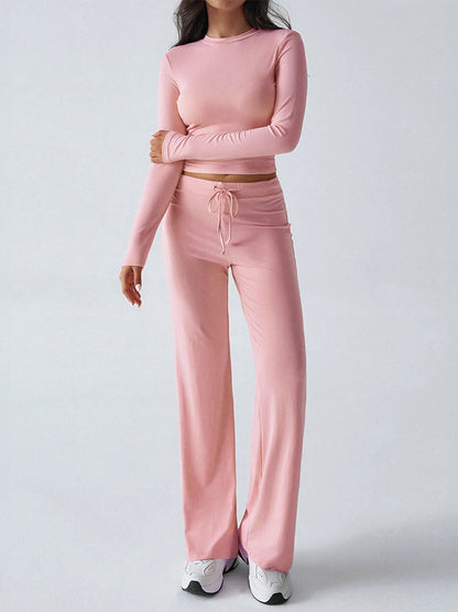 Round Neck Long Sleeve Top and Pants Set - Pink