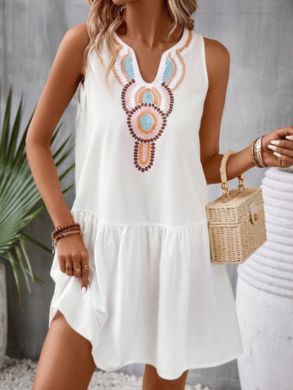 Printed Sleeveless Mini Dress - White