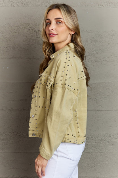 Frayed Trim Rivet Denim Jacket - Khaki