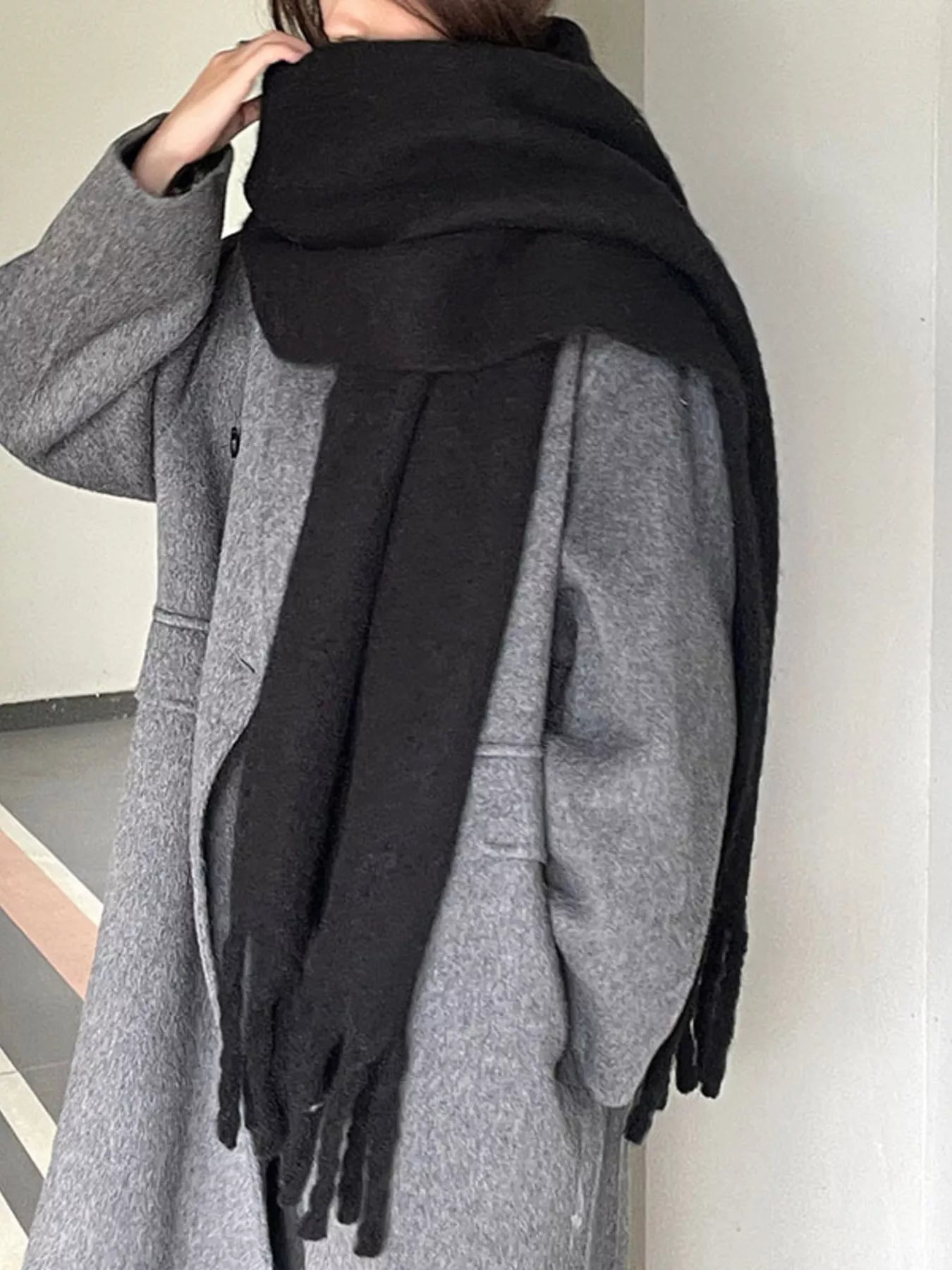 Solid Color Fringe Scarf - Black One Size