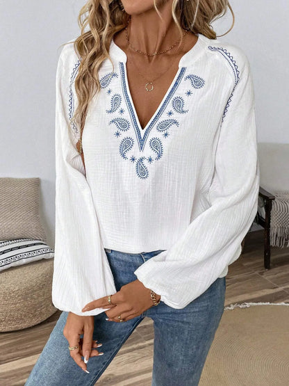 Paisley Pattern Notched Long Sleeve Blouse -
