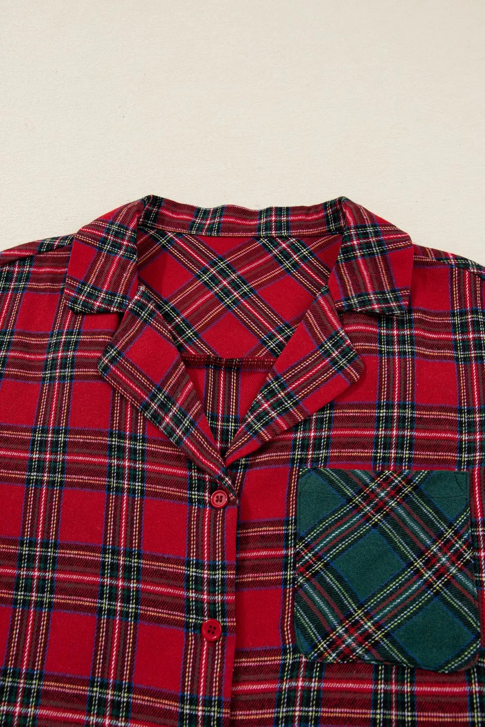 Plaid Patched Long Sleeve Shirt and Shorts Pajama Set -