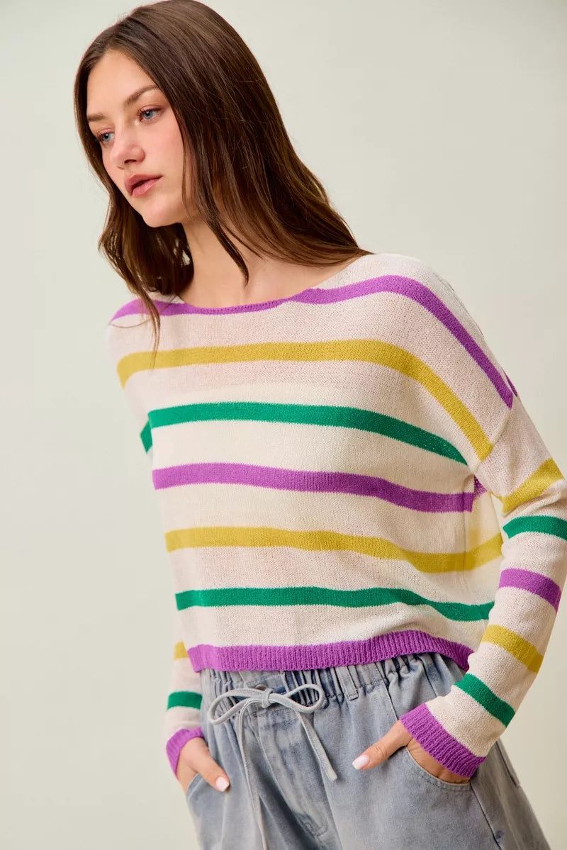 Mardi Gras Color Stripe Lightweight Sweater Top -